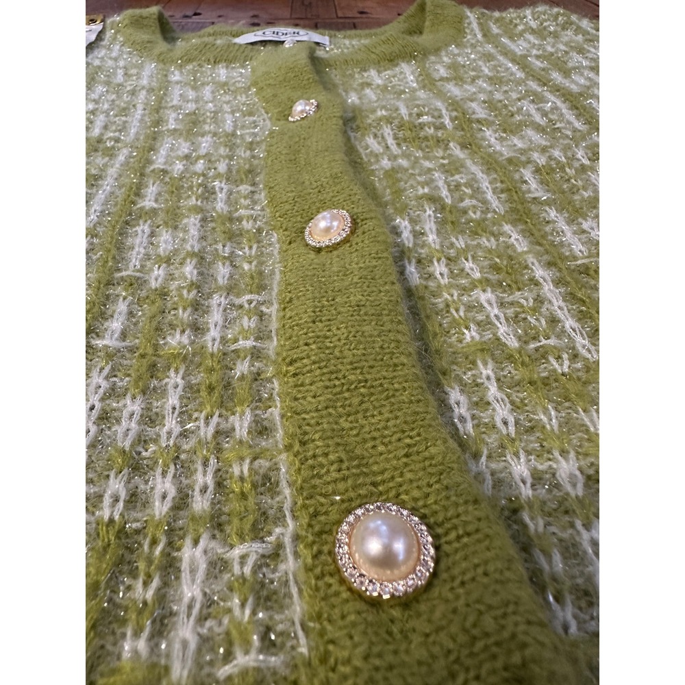 Cider Olive Green & White Tweed Cropped Cardigan Sweater - Picture 8 of 10